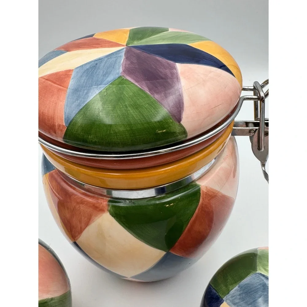 Tabletops Unlimited Carnival Ceramic‎ Canister and Salt Pepper Shakers Set 3pc